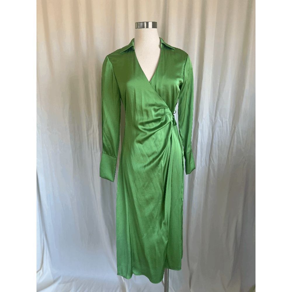 Mango Women's Wrap Maxi Dress Long Sleeve Collared Satin V Neck Green Size 2